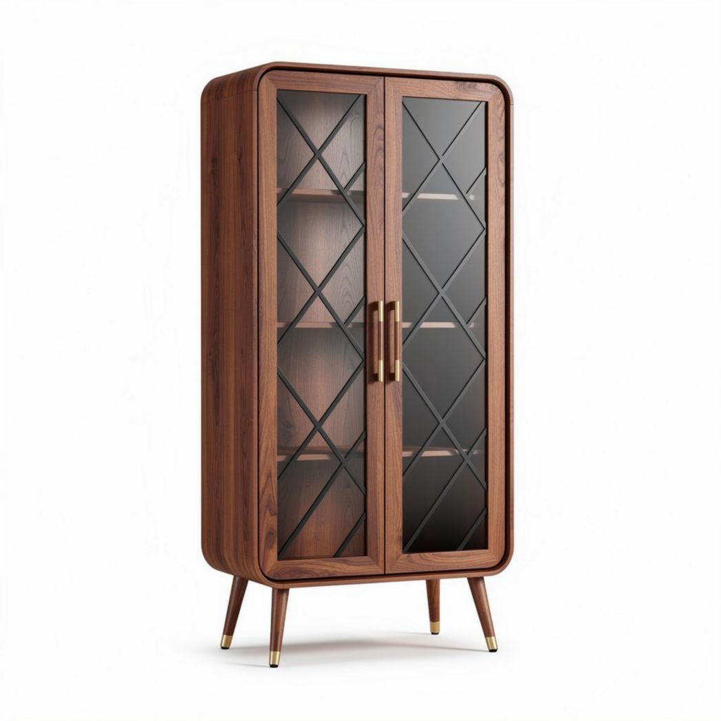 Walnut wood display cabinet with glass doors and geometric pattern 80 x 40 x 180cm