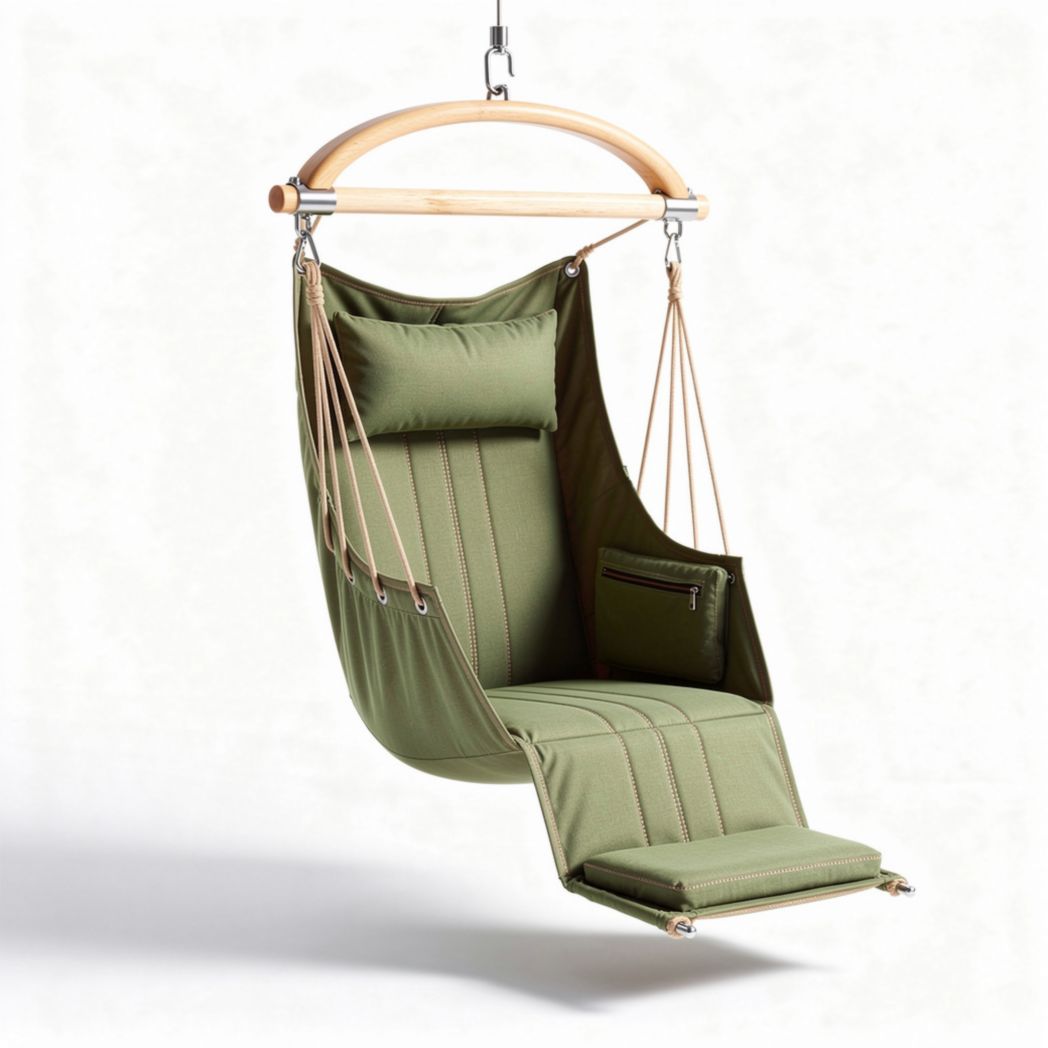 Hanging fabric swing chair with removable cushions in green color