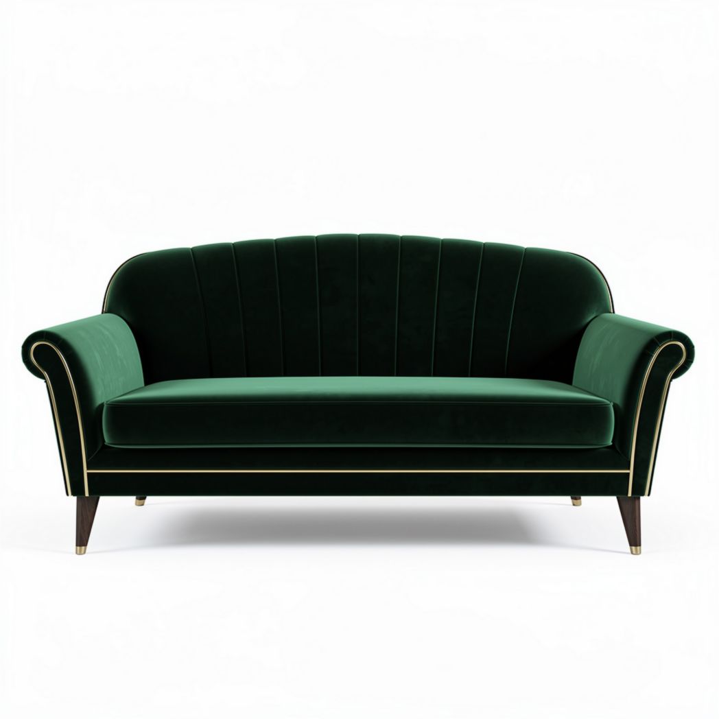 Velvet green two-seater sofa with curved back and wooden legs 180 x 80 x 80cm