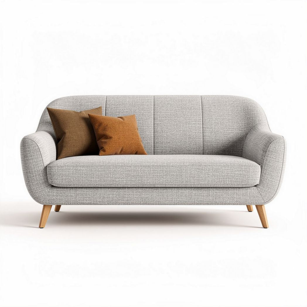 Gray fabric sofa with wooden legs and two decorative pillows 200 x 90 x 85cm